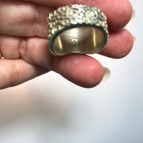 Double Stone Blue Topaz Wide Hammered Band Sterling Silver Ring sz 7 Cocktail - Picture 5 of 8